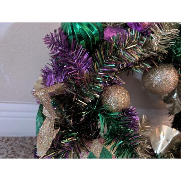 Large Handmade Mardi Gras 21" Wreath Mask Front Door Decor Purple Gold Green - Picture 5 of 8